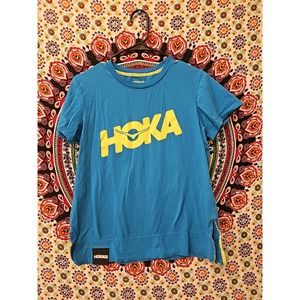 HOKA One One Small Blue Shirt Yellow Text 100% Cotton